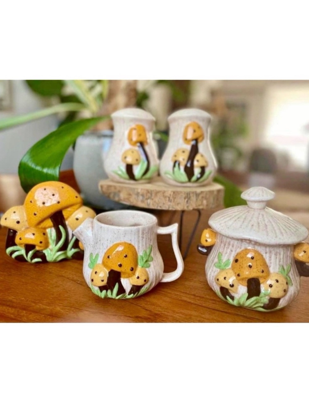 Vintage Mushroom Kitchen Set- Salt Pepper Shakers, Sugar, Creamer, Napkin Holder